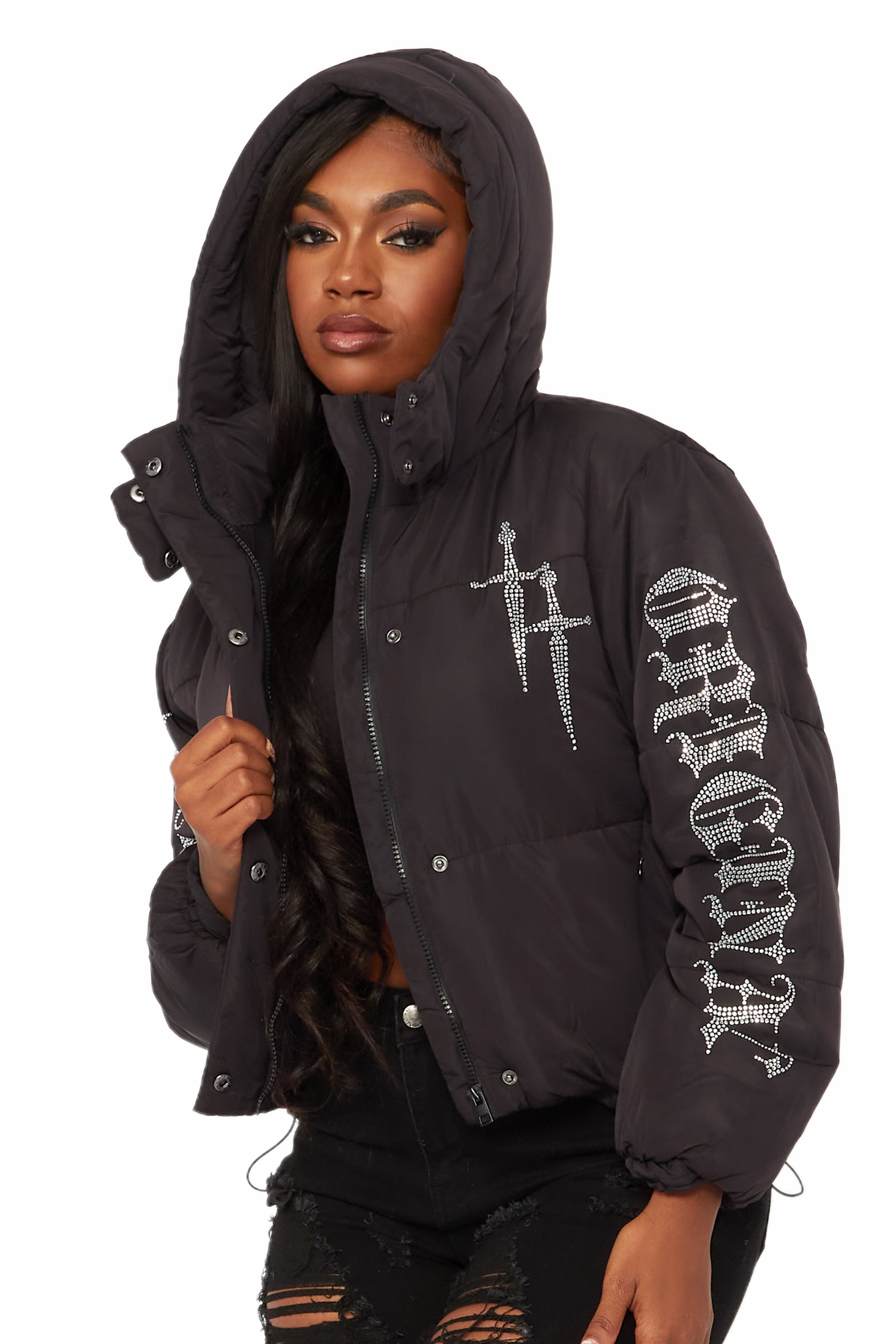 Kalisha Black Rhinestone Puffer Jacket