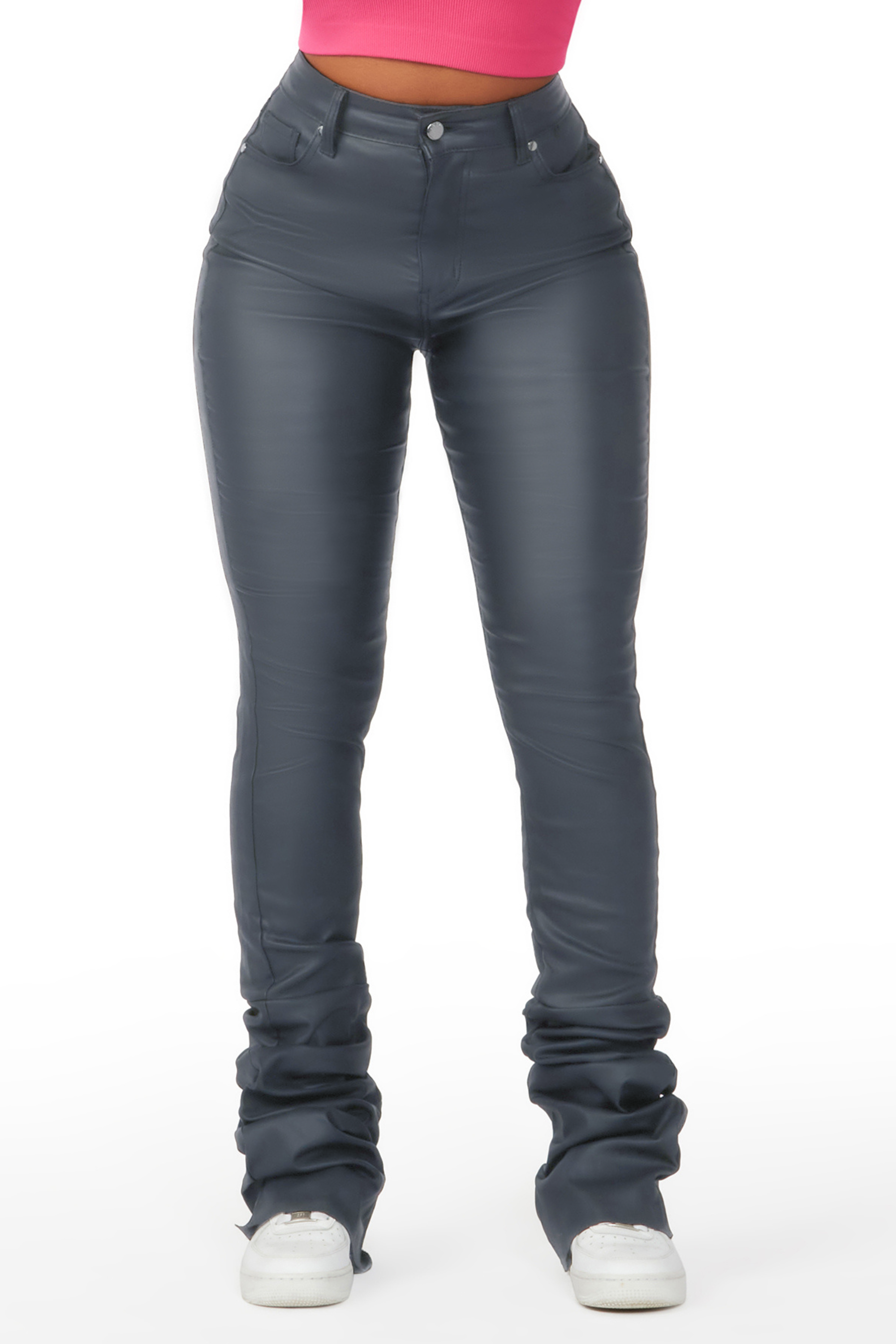 Pay Attention Dark Grey PU Super Stacked Flare Pant