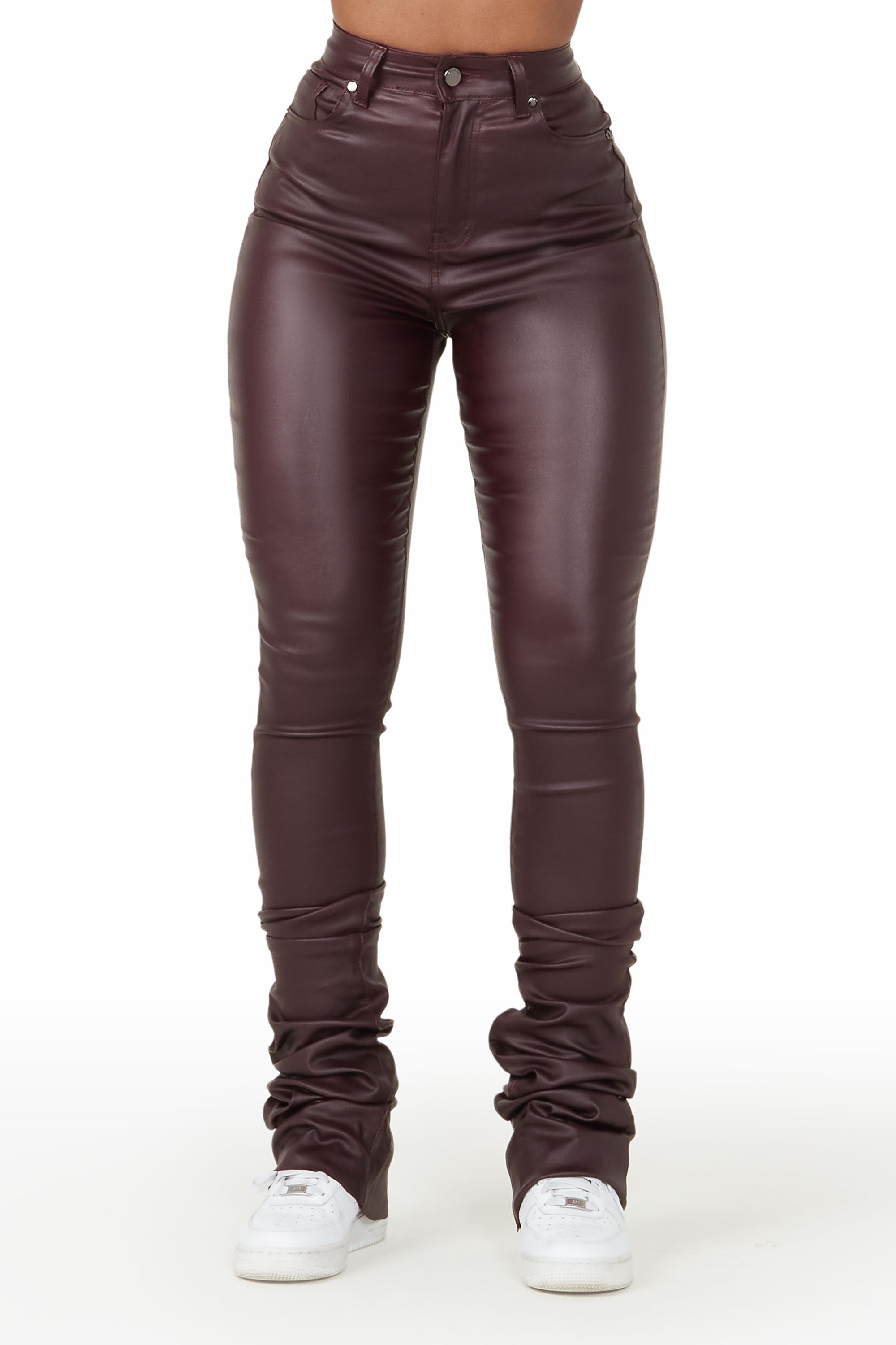 Pay Attention Wine PU Super Stacked Flare Pant