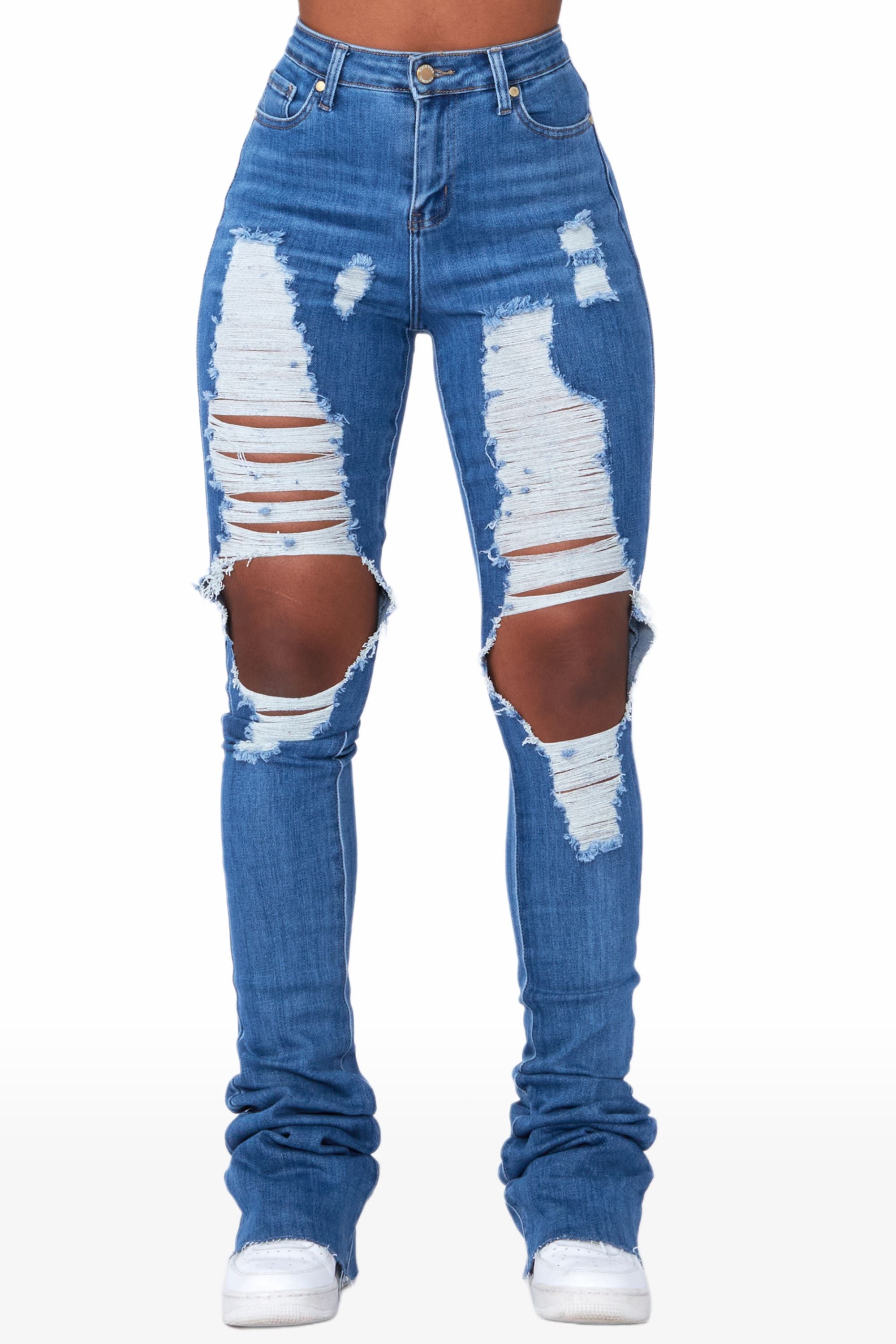 Yours Truly Med. Wash Distressed Super Stacked Jean