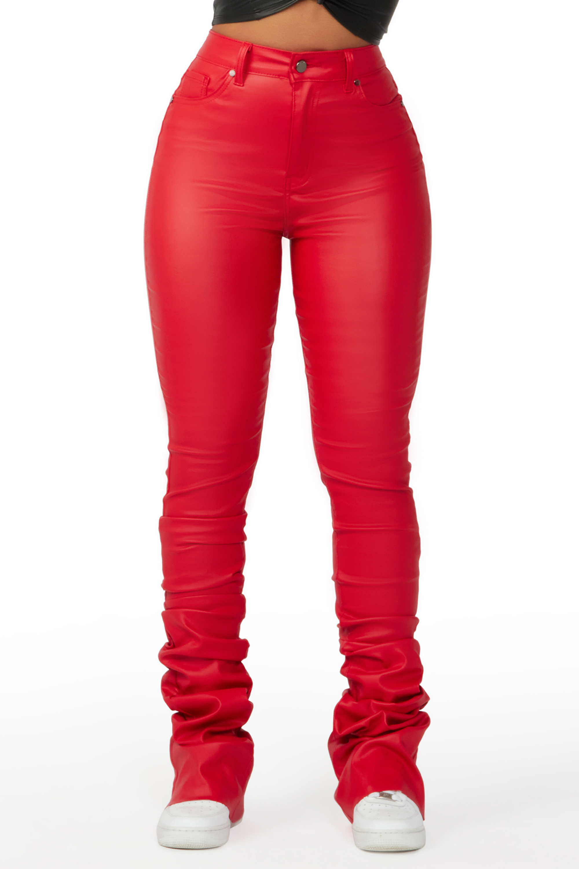 Pay Attention Red PU Super Stacked Flare Pant